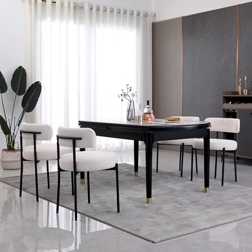 White Dining Chairs Set of 4 Round Upholstered Boucle Dining Room Chairs Mid-...