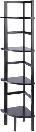 Pemberly Row Corner Solid Wood Baker's Rack, Coffee Finish, 4-Shelf Storage, 63.58" H x 13.86" W x 13.86" D, Space-Saving Transitional Design for Kitchen, Living Room, Dining Room, or Bathroom Use