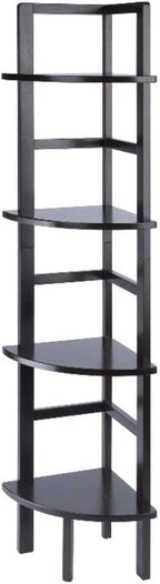 Pemberly Row Corner Solid Wood Baker's Rack, Coffee Finish, 4-Shelf Storage, 63.58" H x 13.86" W x 13.86" D, Space-Saving Transitional Design for Kitchen, Living Room, Dining Room, or Bathroom Use