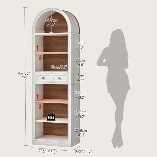 RALGEND Arched Bookshelf, 73" Tall Narrow Arch Bookcase with Drawer, 6-T...