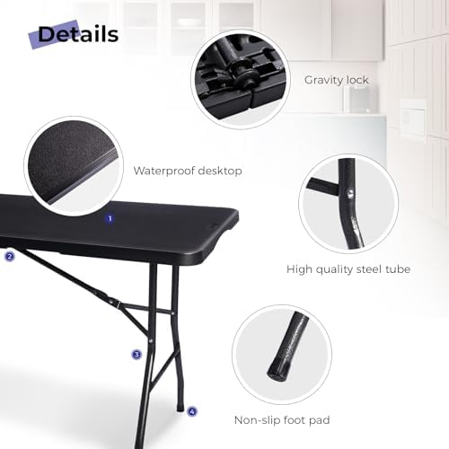 Folding Table 6ft, Heavy Duty Portable Utility Table with Handle, Black | Fol...