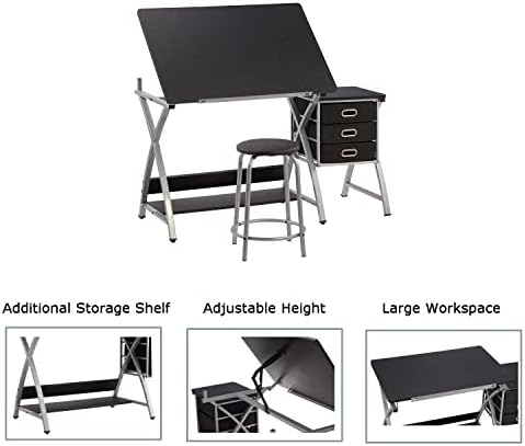Adjustable Drafting Table for Artists with Stool, Sturdy X-Cross Metal Frame ...