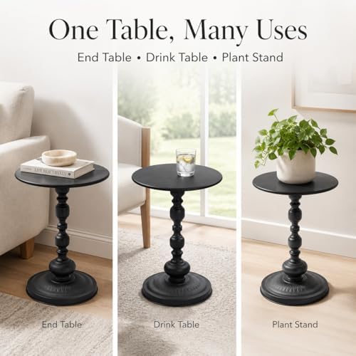 Vintage Matte Black Round Metal Side Table Set of 2 for Living Room, Office | End Tables, Nightstand, Drink and Coffee Accent Tables, Decorative Sofa Bedside Tables for Small Space, Bedroom, Apartment