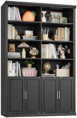Rresyet 42" W x 72" H Double Bookcase with Doors, Black