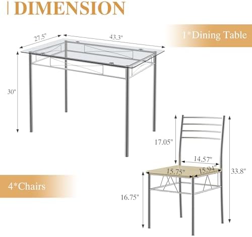 VECELO Dining Table Set for 4, 5-Piece Glass Kitchen Table with Chairs for Sm...