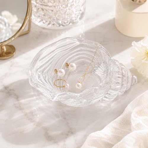 Glass Conch Shell Jewelry Dish Tray| Shell Trinket Dish Ring Earring Holder| Ocean Coastal Decorative Trinket Plate for Rings Earrings Necklaces Bracelet|Gift for Women (Transparent)
