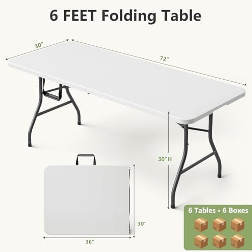 Folding Table 6 Pack, 6 FT Foldable Plastic Table with Carrying Handle, Heavy...
