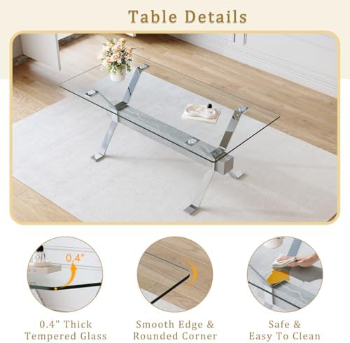 71" Glass Dining Table Set for 6｜Modern Dining Table Set for 6 with Faux...