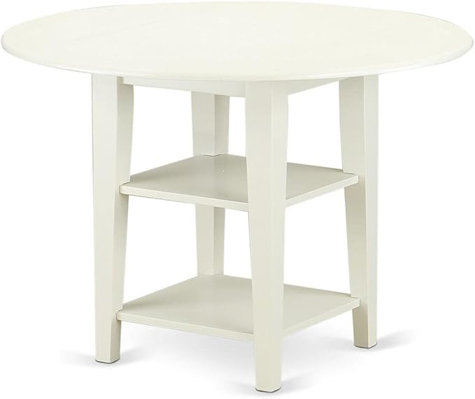 East West Furniture SUWE5-LWH-W 5 Piece Dining Set Includes a Round Dining Room Table with Dropleaf & Shelves and 4 Kitchen Chairs, 42x42 Inch, Linen White