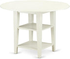 East West Furniture SUDA3-LWH-C 3 Piece Dining Table Set Contains a Round Dining Room Table with Dropleaf & Shelves and 2 Linen Fabric Upholstered Chairs, 42x42 Inch, Linen White