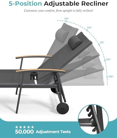 Ciokea Outdoor Lounge Chair with Pillow Set of 2, 5-Position Aluminum Chaise ...