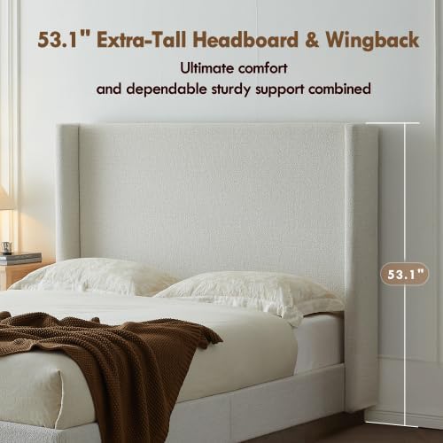 Queen Size Upholstered Bed Frame, 51.1" Tall Headboard Hosford Wingback ...