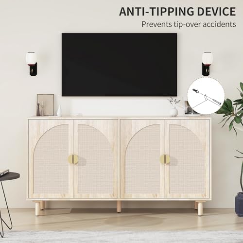 Sideboard Buffet Cabinet with Storage - Rattan 4 Door Cabinet, Accent Storage...