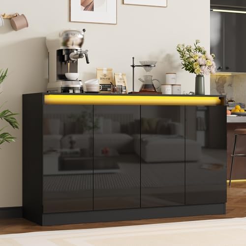 Furnify 51" W Buffet Cabinet with LED Lights & Charging Station, Black