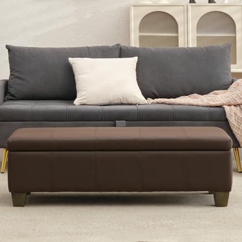 51 Inch Storage Ottoman, Storage Bench with Safety Hinge, Upholstered Synthet...