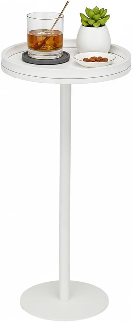 White Martini Table, Modern Small Round Side Table, Minimalist Metal & Wo...