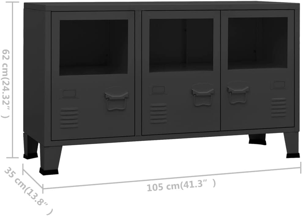 Industrial Metal and Glass Sideboard with Fixed Shelves, Modern Storage Cabin...