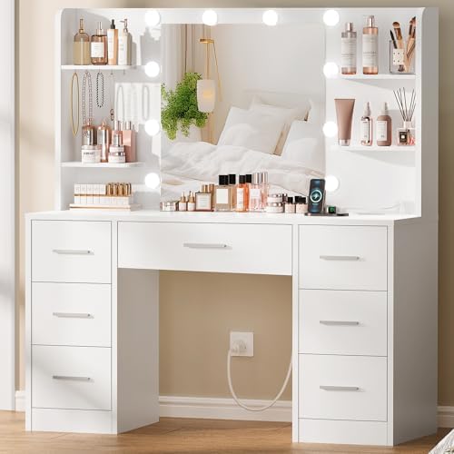 Quimoo Large Vanity Desk with LED Lighted Mirror & Power Outlet,Makeup Va...