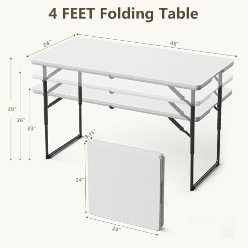 Folding Table and Chairs Set for 4, 4FT Adjustable Height Plastic Folding Tab...