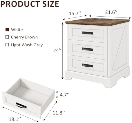 Whalefall 3 Drawers Farmhouse Nightstand with Charging Station, White | 22...