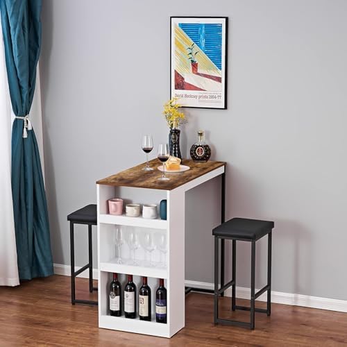 Panana 3 Piece Dining Table Set Kitchen Bar Table with Two Stool Storage Shel...