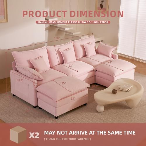 GOSUHI 108" U-Shaped Modular Cloud Couch, Deep Seat, Chenille Pink | Clo...