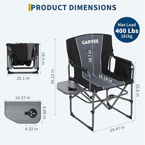 GarveeLife Oversized Directors Camping Chair Support 330 lbs, 1 PCS Black