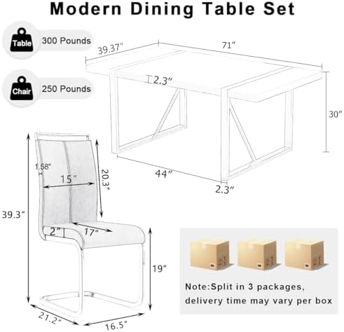 Ebullient White Dining Table Set for 8，71'' Kitchen Table and White Leather Dining Chairs Set of 8, 9 Piece Dining Room Table Set，Modern Gold Metal Frame Dinner Table Set 8 for Kitchen