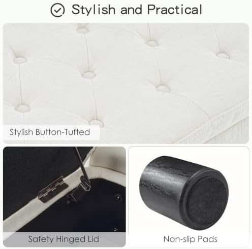 Furniliving 46.5‘’ Chenille Storage Bench, Button-Tufted Upholstered Storage ...
