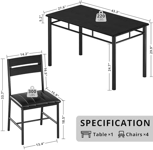 IRONCK Dining Table Set for 4, Black