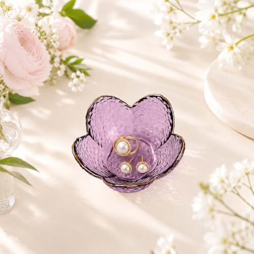 Gifts for Women Purple Flower Jewelry Ring Dish Tray,Decorative Glass Trinket Dish,Room Decor Aesthetic, Modern Accent Tray for Vanity (Purple A)