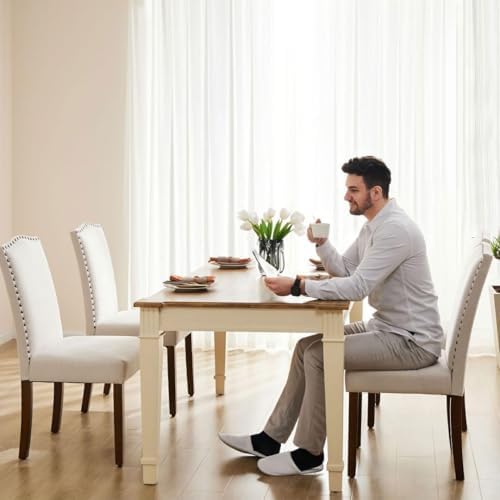 Kitchen Chairs Set of 6 Modern Upholstered Fabric Seat with Nailhead Trim and...