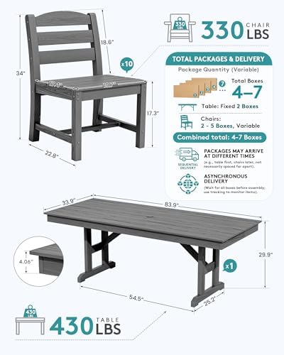 SERWALL 9Pcs 84" HDPE Outdoor Dining Set for 8 with Armless Chairs,Gray