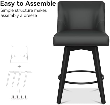 26" Counter Height Swivel Bar Stools, Set of 4, Black Grey | Faux Leathe...