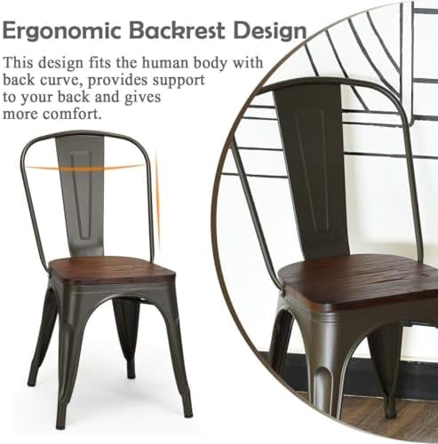 COSTWAY Stackable Metal Dining Chairs Set of 4 with Wood Seat and High Back