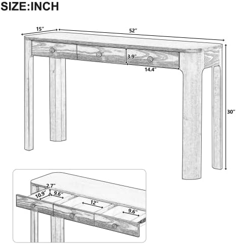 Bellemave 52" Rustic Console Table with 3 Drawers & Curved Corners, ...