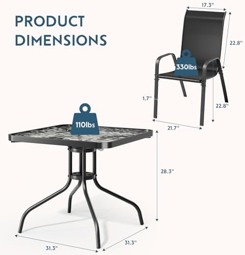 Arlopu 5 Pieces Outdoor Patio Dining Set, Glass Table and Textilene Chair