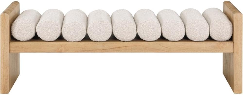 MAKLAINE Set of 2 Contemporary Natural Wood Bench with Cream Fabric Cushions