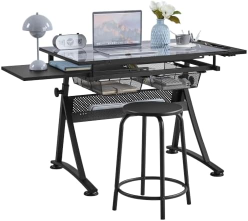 Yaheetech Adjustable Drafting Table & Stool, Tilting Glass Art Desk, Black