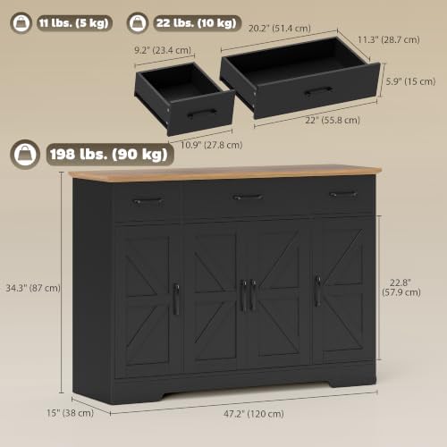 HOMCOM 47" Buffet Cabinet with Storage, Coffee Bar Cabinet, Black