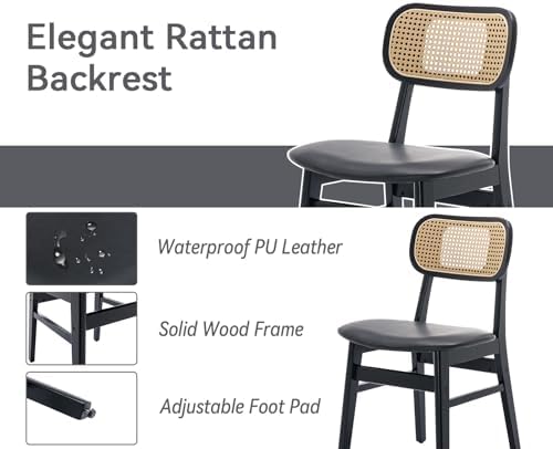Shunzhi Rattan Dining Chairs Set of 4, Upholstered Farmhouse Dining Room Chai...