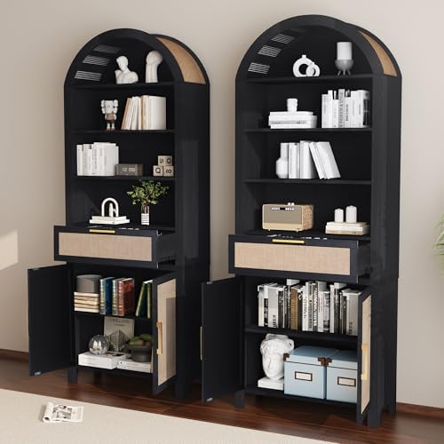 Janmer Home 79" Tall Arched Bookcase Cabinet with Doors, Black,Rattan