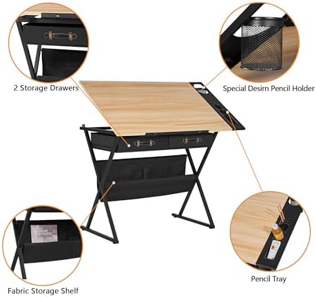 VECELO Drafting Table Art Desk Art Table Adjustable Drawing Table Tilted Tabl...