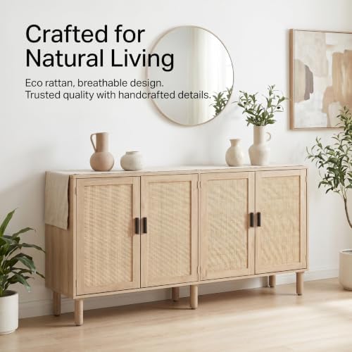 Finnhomy 4 Door Sideboard Buffet Cabinet, Kitchen Storage Cabinet with Rattan...