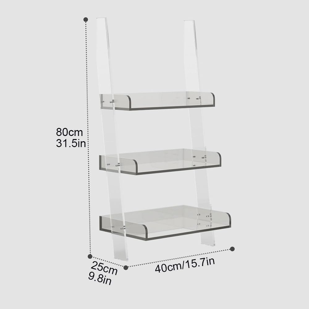 Small Acrylic Ladder Bookshelf, 3-Tier Freestanding Ladder Shelf Bookcase, Multipurpose Narrow Storage Rack for Living Room, Office(Clear)
