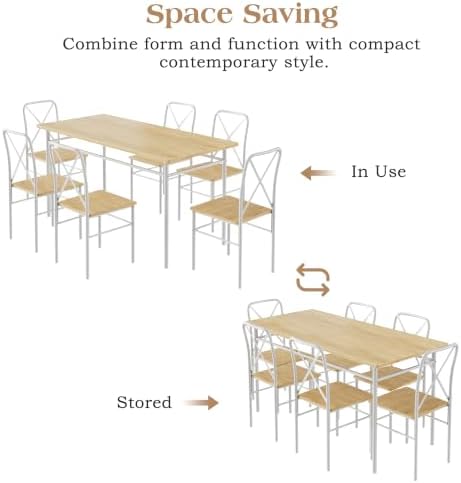 VECELO 7-Piece Dining Table Set for 6, Wood Dinette with Chairs, Natural White