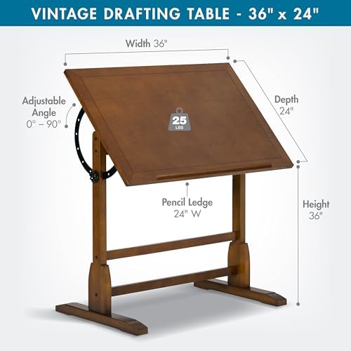Studio Designs Vintage Rustic Oak Drafting Table, Top Adjustable Drafting Tab...