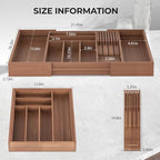 Expandable Bamboo Silverware Organizer with Knife Block, Brown | 12.6-21.45 x 16.3 x 2.13 in, Holds 7 Knives, Removable Knife Block, Adjustable Dividers, Drawer Insert for Utensils, Forks