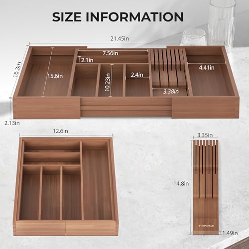 Expandable Bamboo Silverware Organizer with Knife Block, Brown | 12.6-21.45 x 16.3 x 2.13 in, Holds 7 Knives, Removable Knife Block, Adjustable Dividers, Drawer Insert for Utensils, Forks