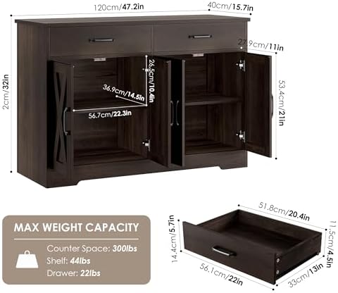HOSTACK 47" W Kitchen Sideboard Buffet Cabinet with Storage Drawers, Brown